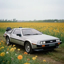 photo of a delorean standing in a flower field, dof, chromatic aberration