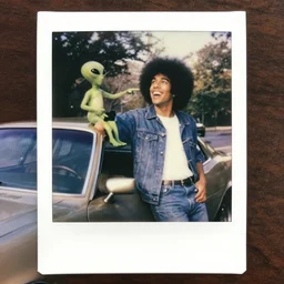 joe rogan with an afro, 1 9 7 0's, pontiac car, new jersey, polaroid photo, alien buddy, leaning on car, relaxed and happy, alien buddy is pointing at the sky, laughing. 1 9 7 6, award winning photo