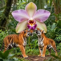 giant carnivorous orchid attacking a tiger