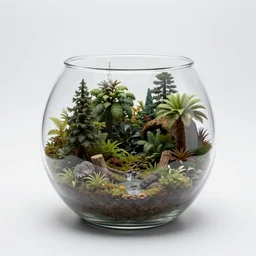 fantasy terrarium in a glass bowl, display, white background, miniature forest, photorealistic, close up, digital painting, godrays, trending on artstation