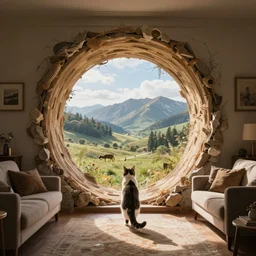 Cat opening a giant portal into another dimension in the living room, gorgeous volumetric lighting, epic composition