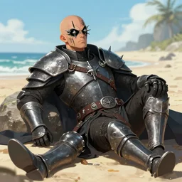 a steel inquisitor from the series mistborn ( a bald man with black facial tattoos and steel spikes through his eyes ), relaxing on a beach, style of artstation and deviantart.