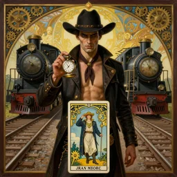 a dramatic ethereal epic symmetrical painting of a handsome villainous cowboy holding a pocketwatch standing in front of railroad tracks with a train locomotive | he is shirtless under his jacket | tarot card, art deco, art nouveau, (steampunk), homoerotic, realistic, trains, clocks, gears | by Mark Maggiori and ((Alphonse Mucha)) | trending on artstation