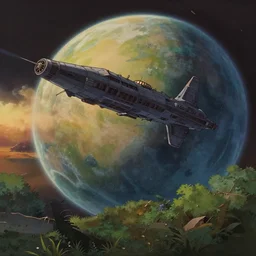 a stylized 2 d cinematic keyframe of a post - spaceship leaving orbit at dawn, planet covered by nature, debris, abandoned, joy gaze, cel - shaded, classical animation, edge - to - edge print, rendered by studio ghibli, artgerm, alyssa monks, andreas rocha, david kassan, neil blevins, rule of thirds, golden ratio, ambient lighting, art