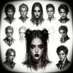 gothic character face detail designs, Kim Jung Gi, Greg Rutkowski, character sheet, Darek Zabrocki, Karlkka, Jayison Devadas, Phuoc Quan, trending on Artstation, 8K, ultra wide angle, pincushion lens effect