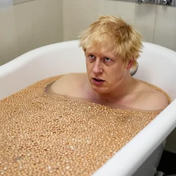 boris johnson in a bathtub filled with beans