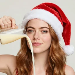 emma stone wearing a christmas hat and pouring eggnog on her face