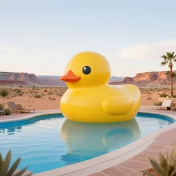 Utah desert landscape pool room with giant rubber duck in the pool, photo