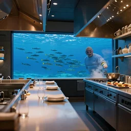 michelin star restaurant interior, kitchen pass an underwater view of pristine scottish seas with fish shoal, dynamic lighting