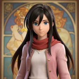 mikasa ackerman, hero pose, medium shot, bokeh, beautiful face!!!!, 2 7 years old, cg animation, lifelike, animated, realistic, character select portrait, by artgerm, greg rutkowski, alphonse mucha, 3 d