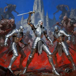 grotesque horrific stylistic vray 3 d render of silver ornate armor slim bodybuilder handsome warriors in battle!!, against orcs, mountains and giant gothic abbeys in the background, hyperrealism, fine detail, 8 k, artsation contest winner, high contrast color scheme, blue at the background red at the foreground!!!, dynamic perspective, wide angle shot from below!!, oil canvas by mandy jurgens and michael whelan