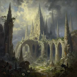 beautiful detailed dramatic fantasy painting of an alternate wild world in another reality, tall spires, arches, archways thomas kinkade