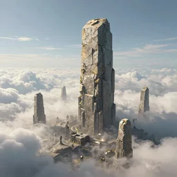 distant wide angle rendering of a colossus of stone placing a monolith amongst the clouds, concept art, Bethesda, moebius, distant world, fantasy sci fi