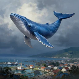 digital painting of a blue whale flying over a fishing village, dramatic illumination