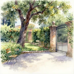 delicate, garden, paved, botanic watercolors, iridescent, 8 k, realistic shaded, fine details, artstation, italian, chairs, iron gate, oak tree, pompeii
