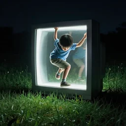 a boy climbing out of a glowing crt monitor portal in the middle of a grass field at night