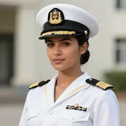 mix of beautiful tanned girl as a naval officer, perfect faces, outdoors, very coherent and colorful high contrast art, artstation, deviantart, digital art