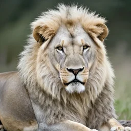 a photograph of human lion hybrid with a white mane. 85mm lens