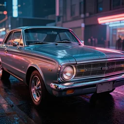 close up macro shot of a 1 9 7 3 ford xb falcon gt car on wet city street at night, intricate, hyper detailed, smooth, high contrast, neon, volumetric lighting, octane, moebius, greg rutkowski, blade runner, ripley scott, cindmatic