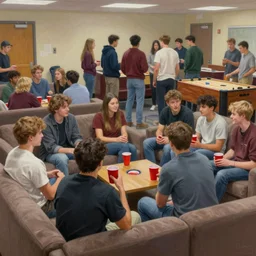 college party, large crowded room, couches line the wall, small groups of young men and women talking, some people carry red solo cups, a beer pong table is in the background, oil painting, hyperrealistic,