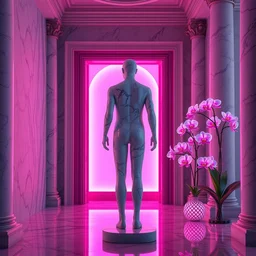 “ a beautiful mannequin made of marble printed in 3 d geometric neon kintsugi!!, facing a giant doorway opening with a neon pink light, vapourwave flowering iridescent pineapples + orchids, inside a room with marble columns, transcendent, vibrant color, clean linework, finely detailed, 4 k, trending on artstation, photorealistic, volumetric lighting, octane render ”