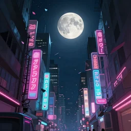 abstract city street buildings fragments and neon signs floating, night, big moon trending on pixiv fanbox