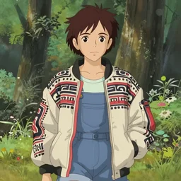 beautiful boyish emma watson in majora's mask, wearing oversized mayan bomber jacket with overalls and leotard, bulky poofy bomber jacket with mayan patterns, aztec street fashion, gapmoe yandere grimdark, trending on pixiv fanbox, painted by greg rutkowski makoto shinkai takashi takeuchi studio ghibli, akihiko yoshida