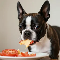 boston terrier with a beard eating tomato's with cheese, photorealistic, high detail