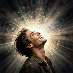 man starting into the void with his face being blown back, grinning wildly as the void stares back