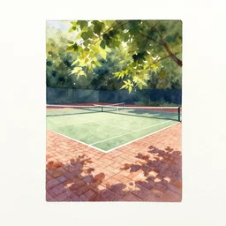 small centered on watercolor paper, paint brush strokes, abstract watercolor painting of tennis court, daylight, shadows, covering foliage over luxurious brick road, sunlight shining through, translucent leaves, cinematic light, national romanticism by hans dahl, by jesper ejsing, by anders zorn, by greg rutkowski, by greg manchess, by tyler edlin
