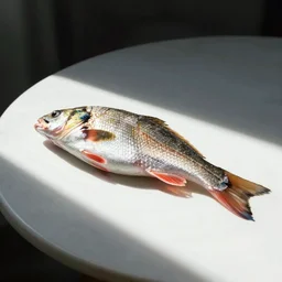 still life painting of a fish on a white table