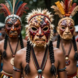 tribes members with taxidermic flesh bloody mask, technicolor, heavy grain, high quality,