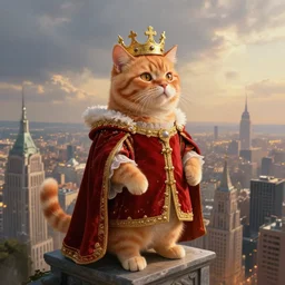 a fantasy painting of an anthropomorphic orange tabby cat dressed as a renaissance king with crown in head, standing on a skyscraper overlooking a vast city, cinematic, beautiful lighting, dramatic