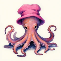 multicolor drawing of a sad octopus wearing a pink hat by alex heywood in 4 k ultra high resolution, with depressive feeling