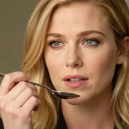 reese witherspoon holding a spoon, reese witherspoon face, macro shot, hyper realistic, medium shot