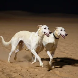 white greyhounds running in the night dessert, by john charles dollman