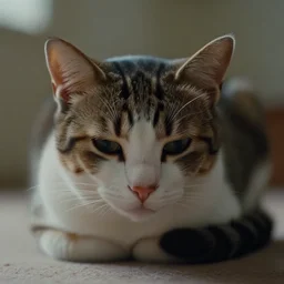 beautiful hyperrealism three point perspective film still of a despressed cat, soft lighting, Kodak Portra 400, cinematic style