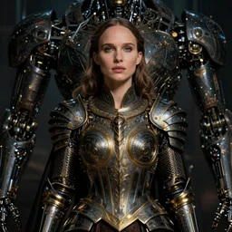 portrait of natalie portman as warrior of dark futuristic robotic world, by jan van eyck, h r giger, mysticism, intricate, highly ornate dark gold trim armoury