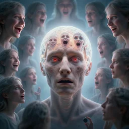 schizophrenia inside someones mind surrounded by light beings, laughing, worried looks in their eyes : : maximalist, intricate highly detailed photograph : : 3 5 mm wide - angle shot