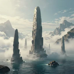 alien oceans in daylight, alien monoliths towering from the water, mountains in clouds on the background, cinematic lighting, ambient dreamy atmosphere, detailed, by syd mead, john harris, science - fiction