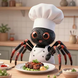 [ [ anthropomorphic ]! spider ] wearing a [ chef's toque hat ]! cooking dinner, trending on [ unsplash ]!, 4 k photorealistic! photography, zbrush!, zbrush photorealism, contest winner, 4 k quality