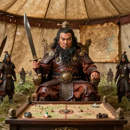 , oversized head a full - body portrait of a little cuties tai warlord with 3 times oversized head wearing leather costumes and holding his bronze dagger in an overgrown battlefield, tai armored warlord who sit on the thone in tai ancient war traditional tent, with strategical sandbox on the woonden table and old leather map on the wall, among tai warriors, high quality detailed faceminimal