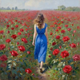 a field of red roses with a lady in blue walking in the middle of the field, oil on canvas, bloom, morning, high detail