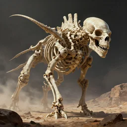 the skeleton of a colossal creature on a deserted planet, illustration, epic, sci - fi, hyper detailed, smooth, unreal engine 5, sharp focus, ray tracing