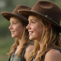 portrait of 2 3 - year - old woman with angle lost profile looking away, happy women, cinematic colors, medium yellow blond hair, brown hat, hair comes out of the hat a little, caracter look like tomb raider realistic
