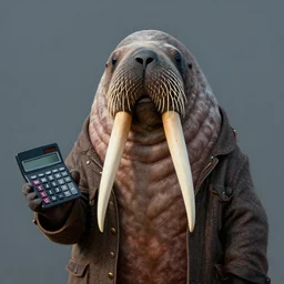 a long tusk walrus wearing a tweed jacket, holding a calculator in his hand, portrait, digital art, cinematic, concept art, 8 k, painting, trending on artstation