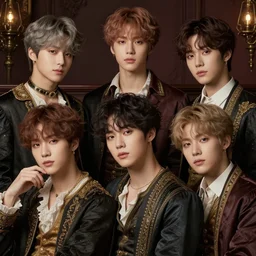 an ultra detailed matte portrait of the bts singers in a baroque style, 8 k, volumetric lighting, smooth, highly detailed, digital illustration, art by greg rutkowski and akira toriyama and artgerm