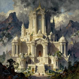 the ancient neoclassical elve city, mountains. intricate, amazing composition, colorful watercolor, by ruan jia, by maxfield parrish, by marc simonetti, by hikari shimoda, by robert hubert, by zhang kechun, illustration, gloomy, volumetric lighting, fantasy