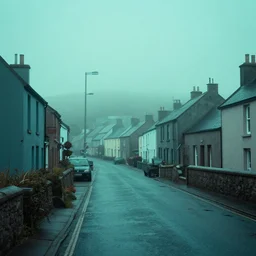 dystopian image exploring a foggy irish town drenched in aquamarine light, 3 5 mm