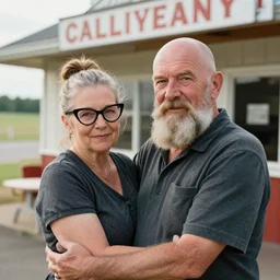 a photograph of an elderly bald man with a bushy beard holding his wife who is wearing cat eye glasses with her hair pulled up in a bun outside of a country roadside diner